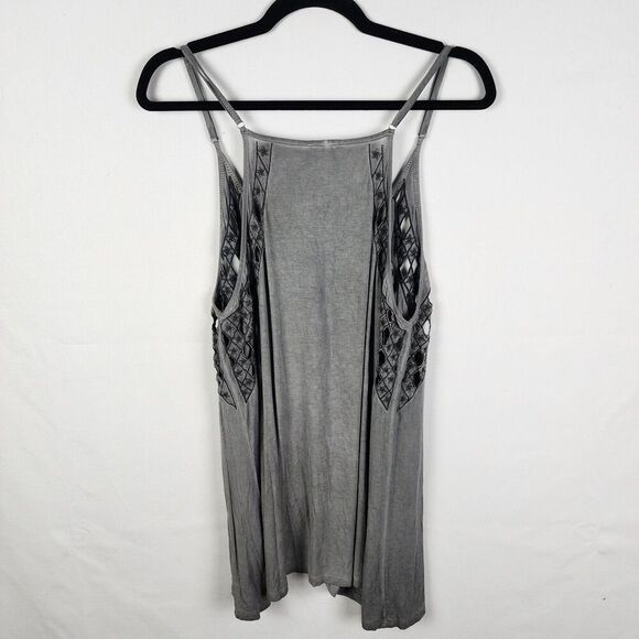 POL Gray Lace Crochet Racerback Tank Split Front Sz Medium Boho Hippie Festival - Picture 2 of 7